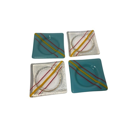4 Art Glass Fused Artisan Coasters Blue Yellow Red  Trinket bowl Decor Vintage - Picture 1 of 16